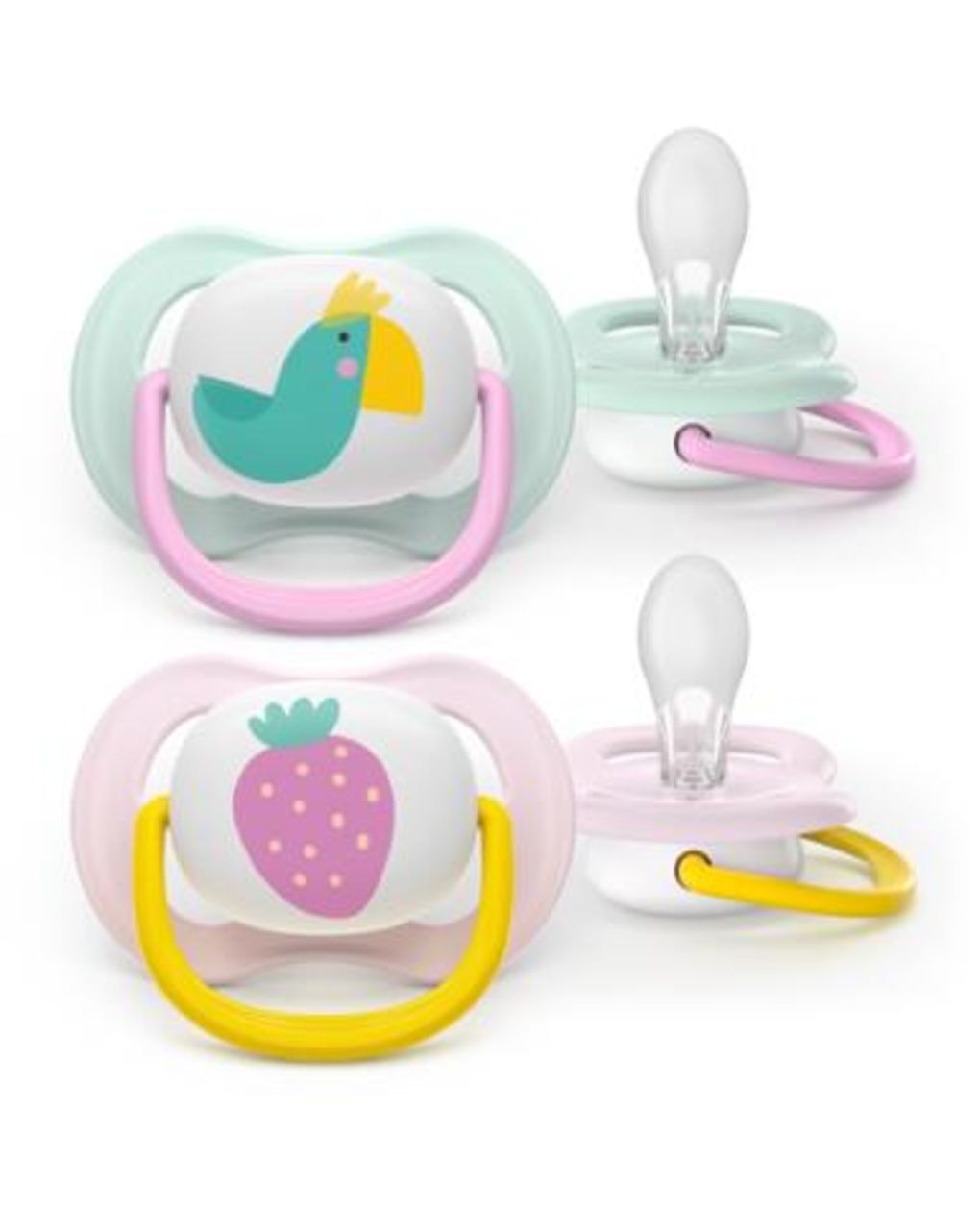 Succhietti ultra air collection 0-6m uccellino e fragola, a base vegetale - set da 2 ciucci - philips avent