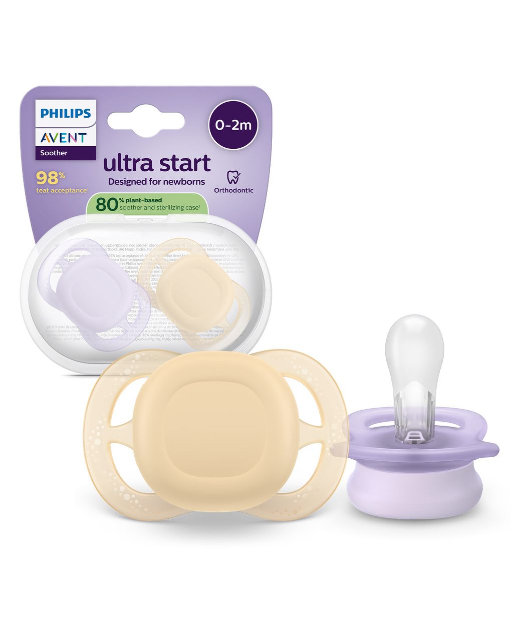 Succhietti ultra start 0-2m day pastello giallo e viola, a base vegetale - set da 2 ciucci - philips avent