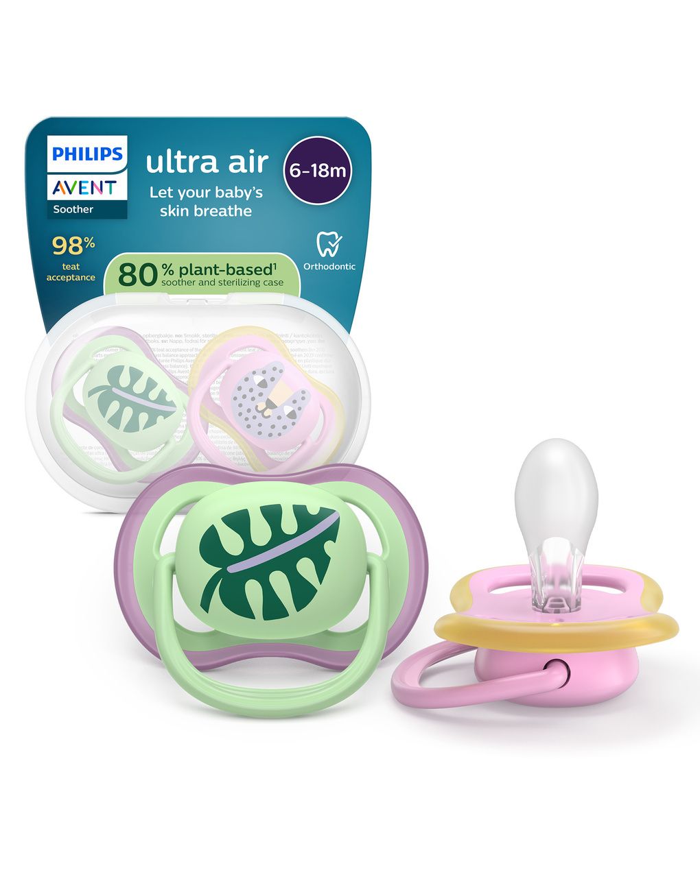 Succhietti ultra air 6-18m foglia e leopardo, a base vegetale - set da 2 ciucci - philips avent