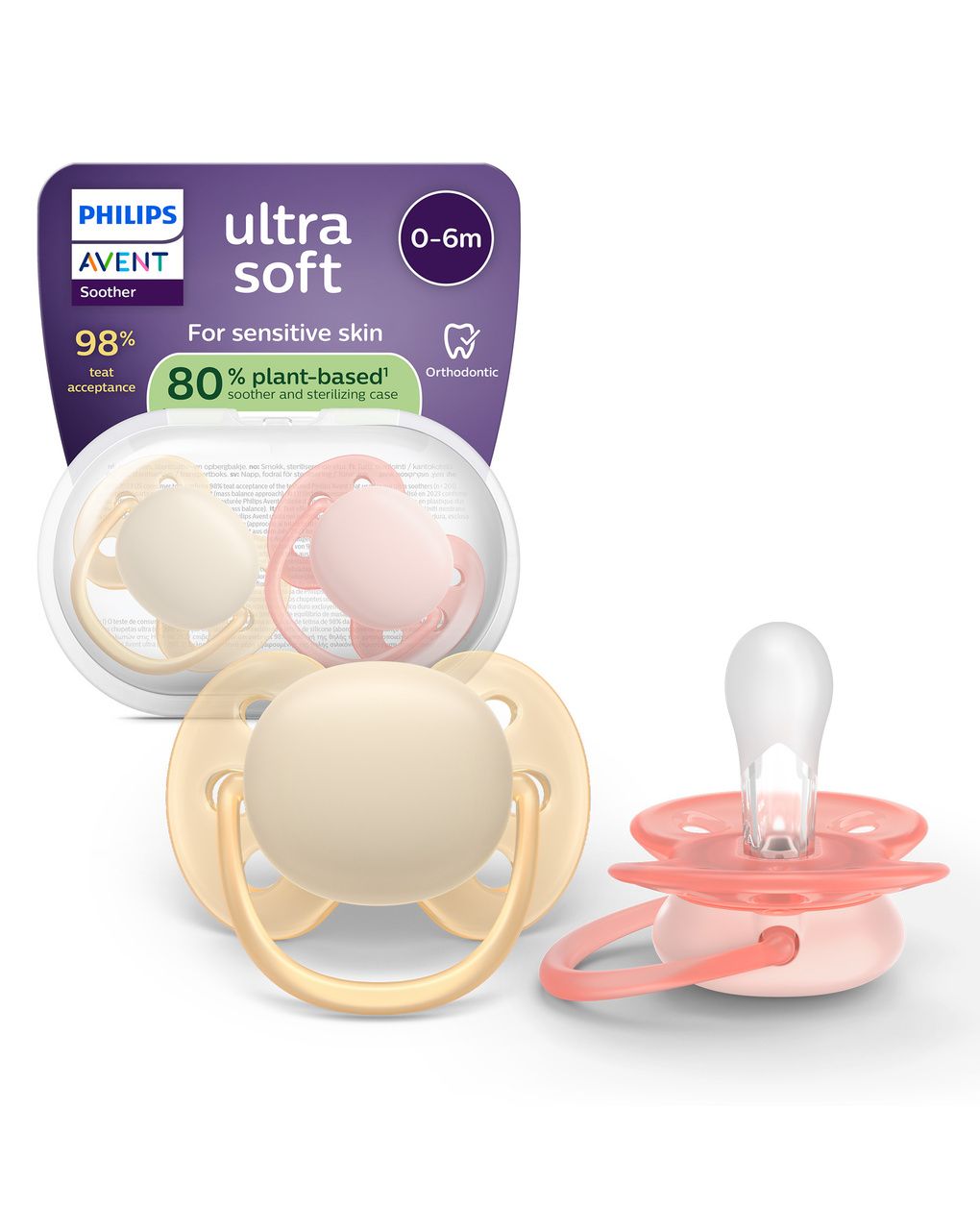 Succhietti ultra soft 0-6m pastello crema e rosa, a base vegetale - set da 2 ciucci - philips avent