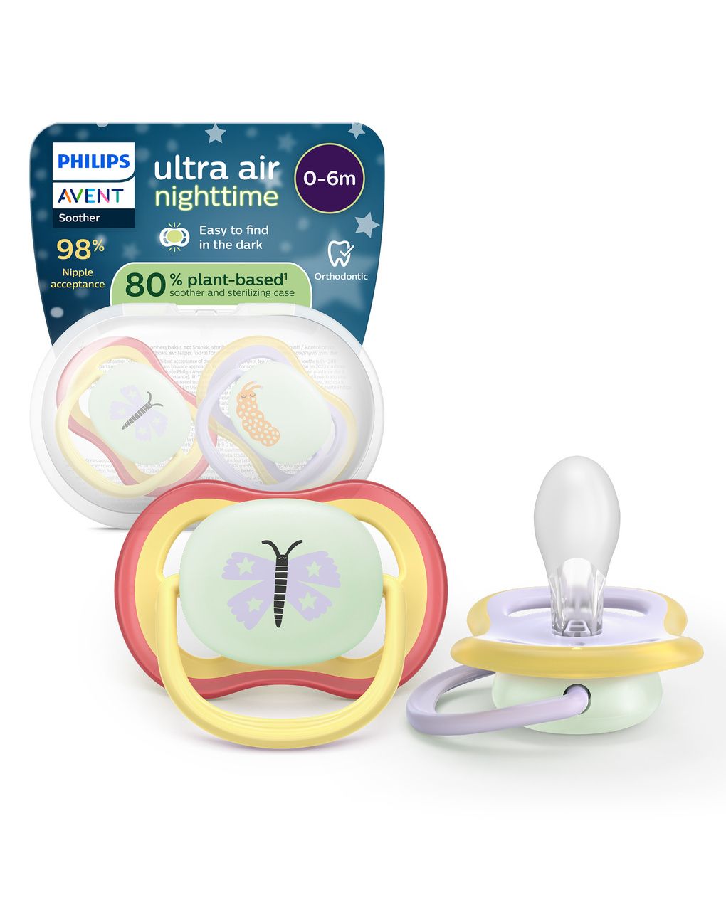 Succhietti ultra air night 0-6m farfalla e bruco, a base vegetale - set da 2 ciucci - philips avent