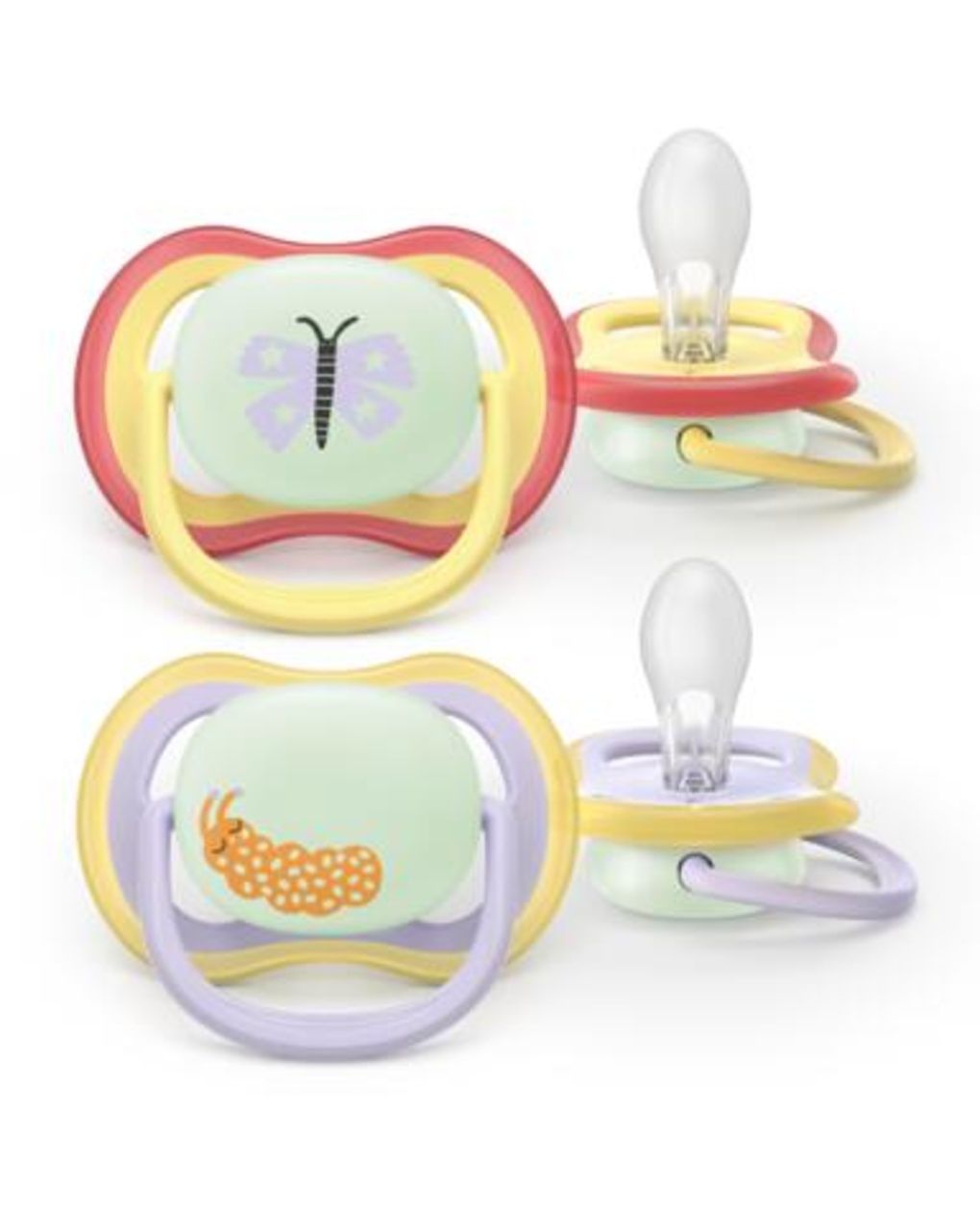 Succhietti ultra air night 0-6m farfalla e bruco, a base vegetale - set da 2 ciucci - philips avent