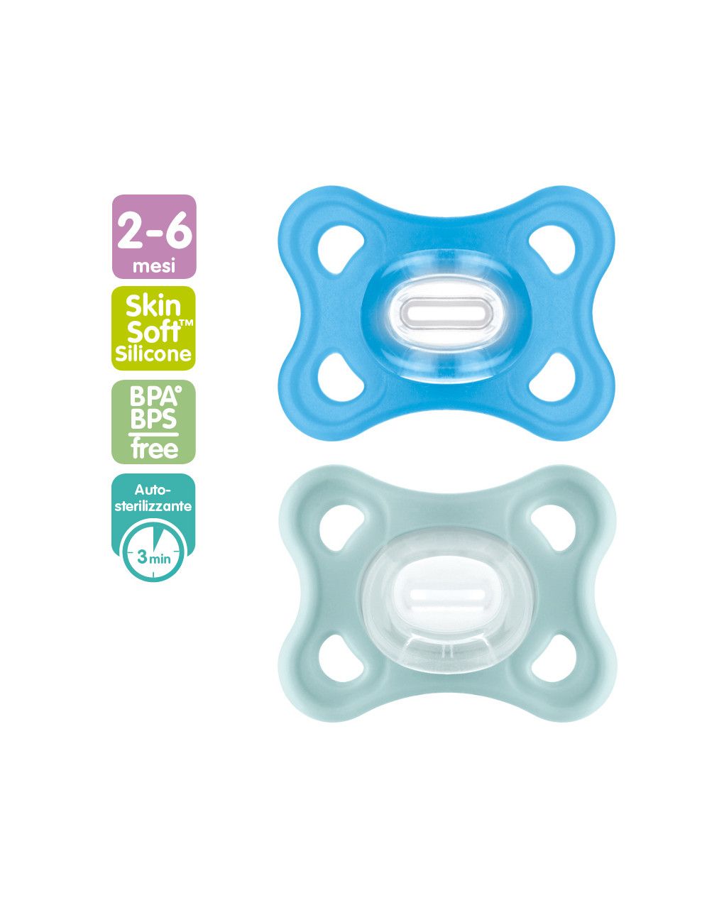 Succhietto comfort 3-12 mesi (set da 2), 100% silicone con porta ciuccio sterilizzatore, azzurro/neutro - mam