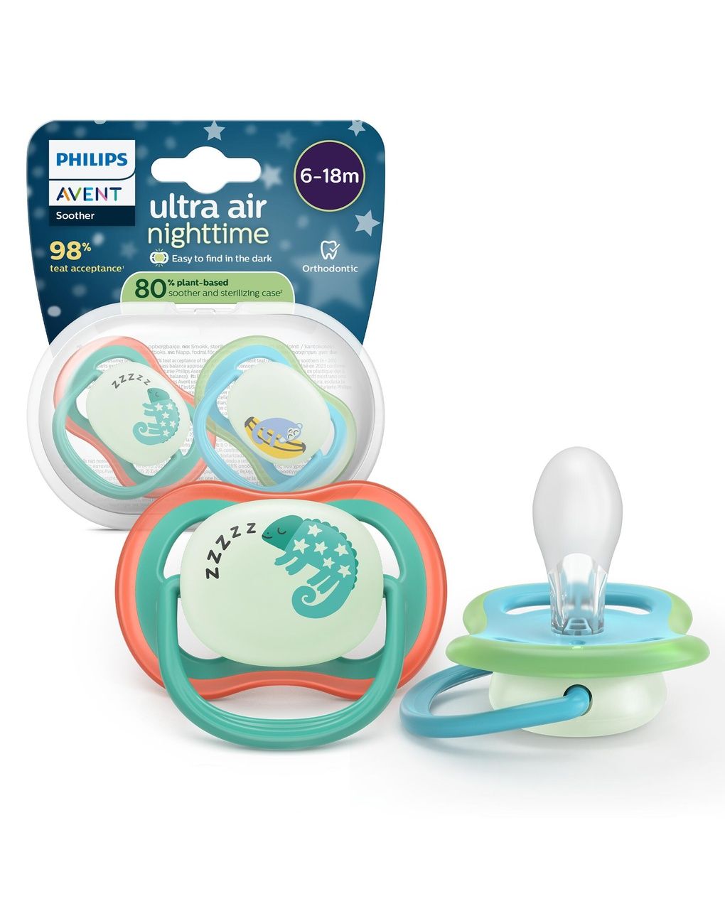 Succhietti ultra air night 6-18m camaleonte e scimmia, a base vegetale - set da 2 ciucci - philips avent