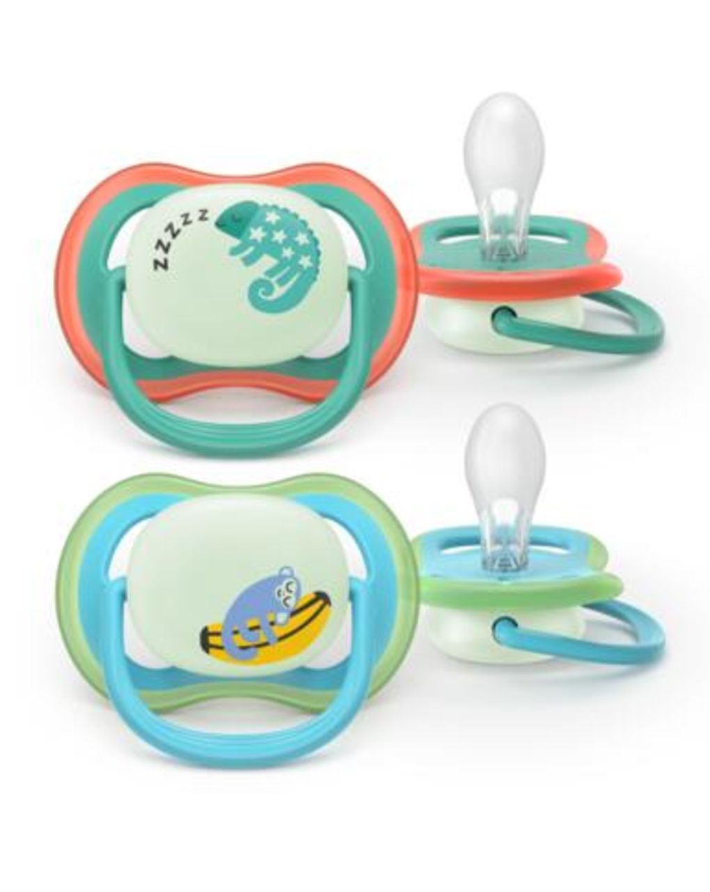 Succhietti ultra air night 6-18m camaleonte e scimmia, a base vegetale - set da 2 ciucci - philips avent