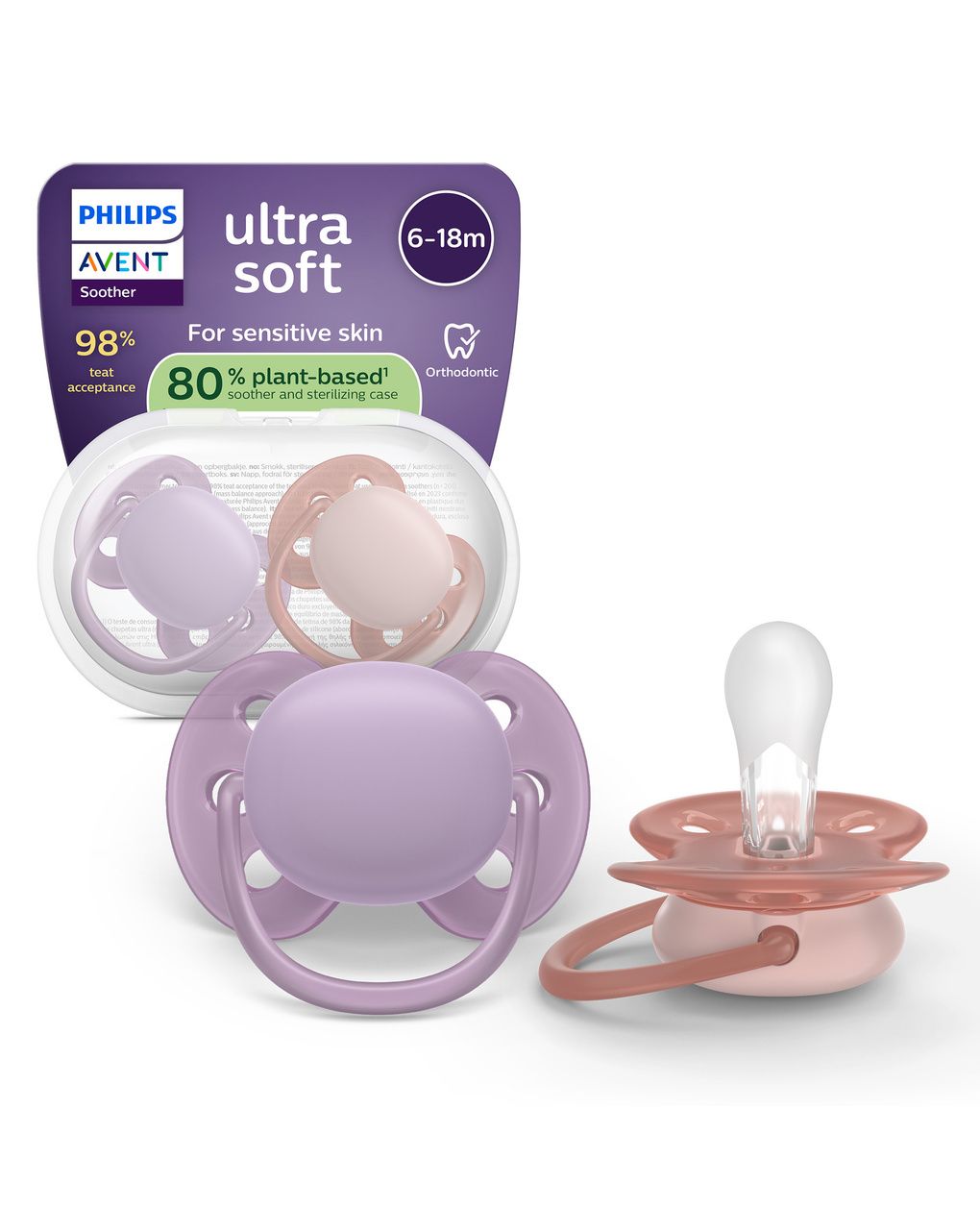 Succhietti ultra soft 6-18m pastello viola e rosso, a base vegetale - set da 2 ciucci - philips avent
