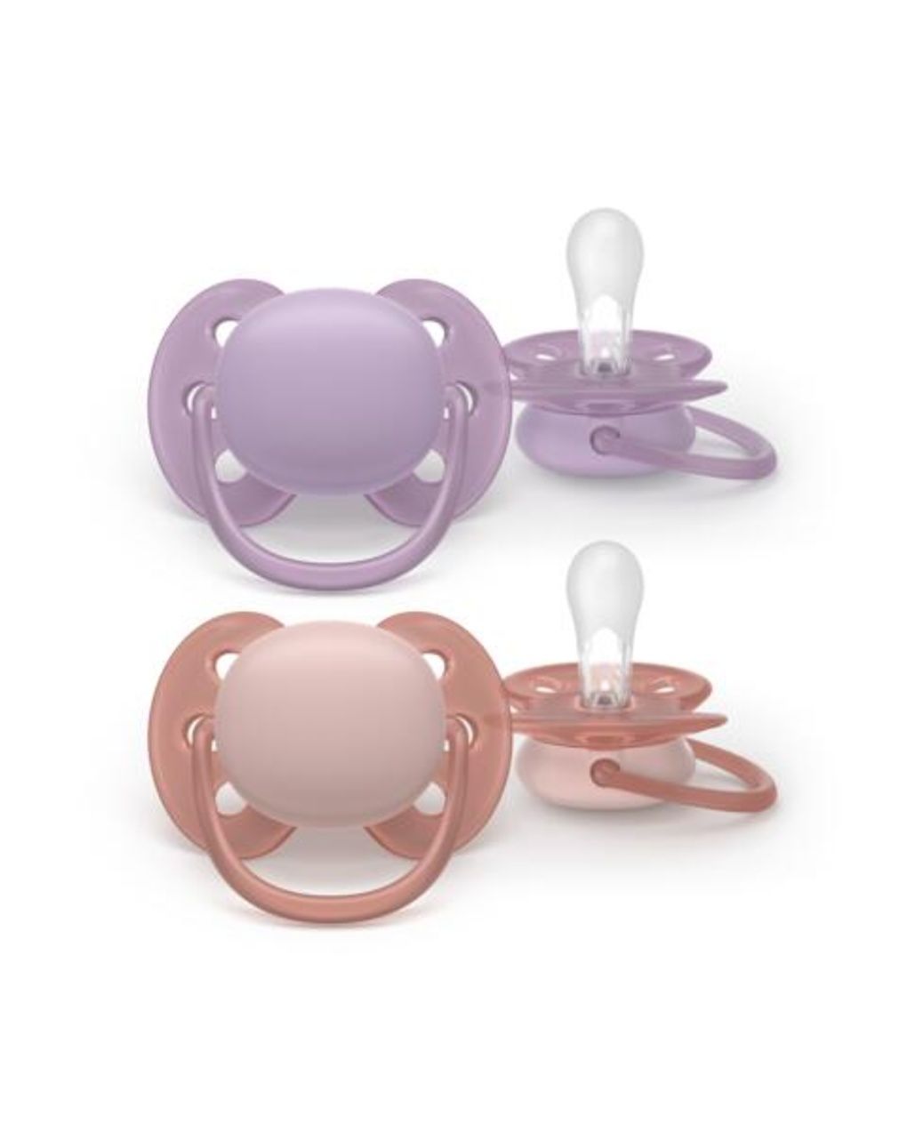 Succhietti ultra soft 6-18m pastello viola e rosso, a base vegetale - set da 2 ciucci - philips avent