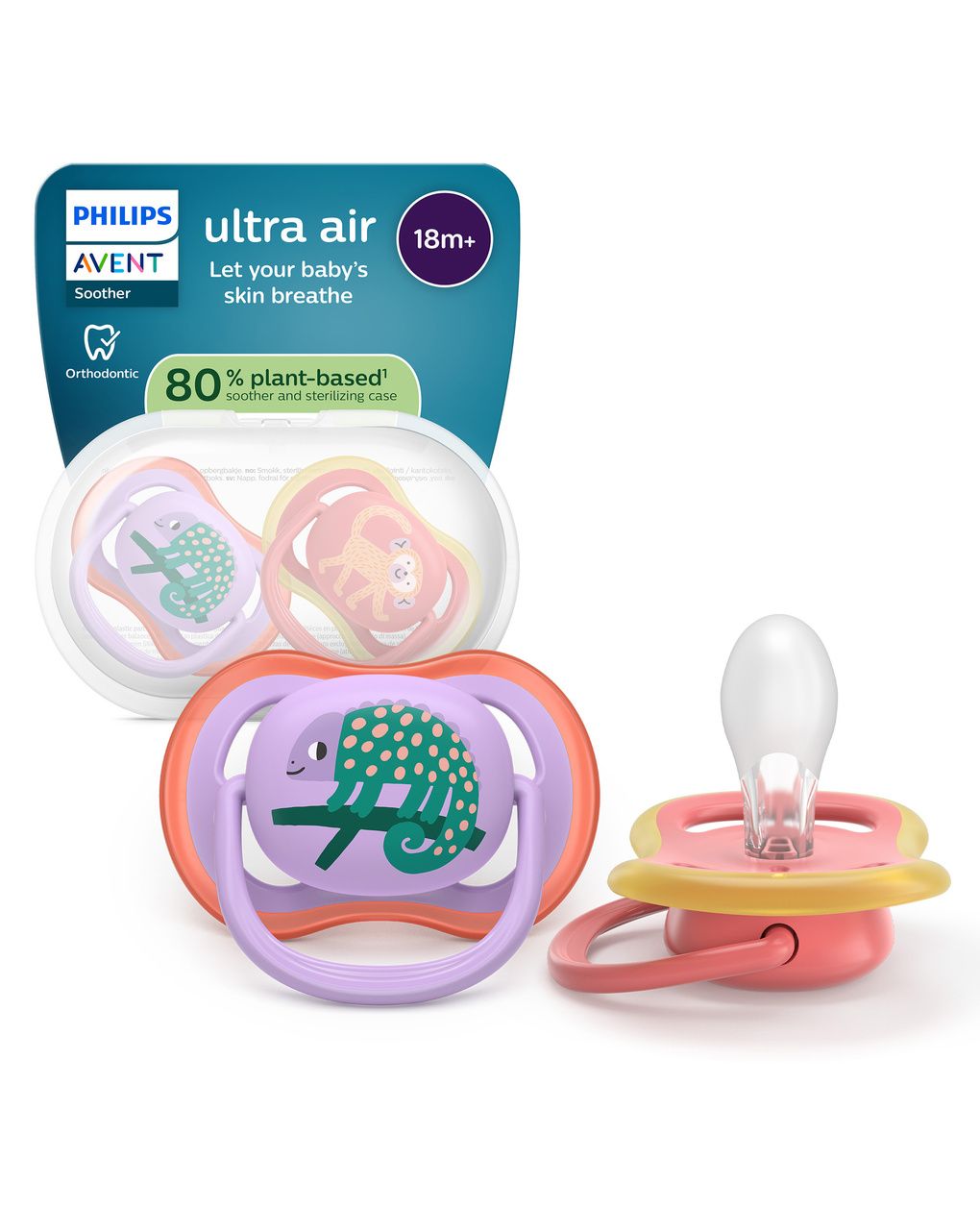 Succhietti ultra air 18m+ camaleonte e scimmia, a base vegetale - set da 2 ciucci - philips avent