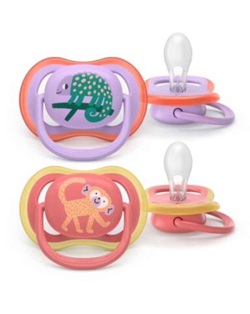 Succhietti ultra air 18m+ camaleonte e scimmia, a base vegetale - set da 2 ciucci - philips avent