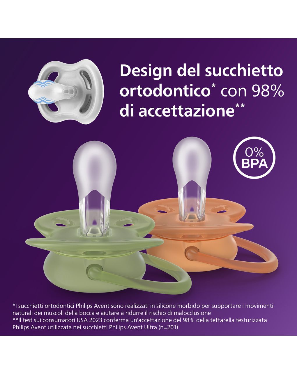 Succhietti ultra soft 18m+ pastello verde e marrone con decorazioni, a base vegetale - set da 2 ciucci - philips avent