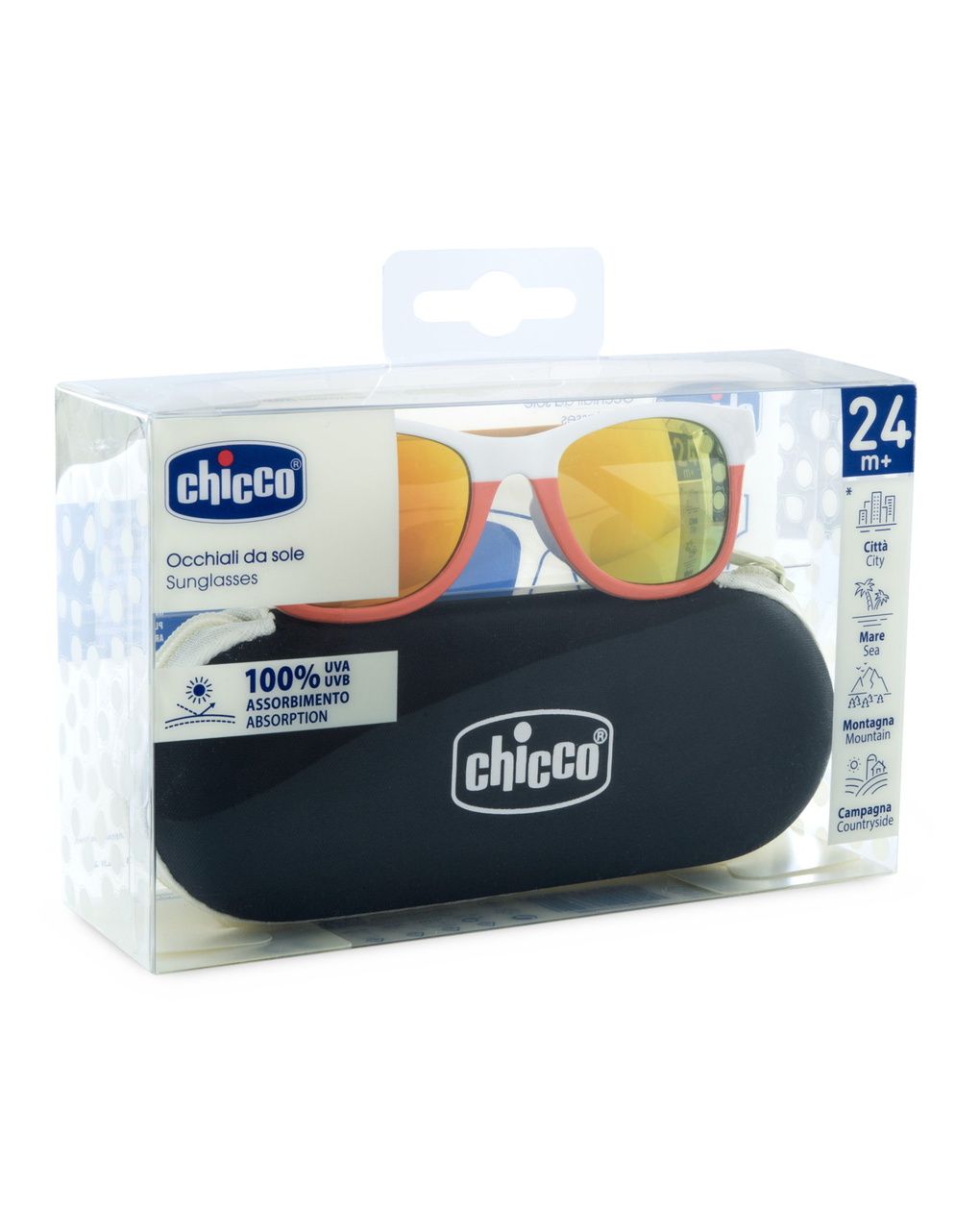 Occhiale da sole rosso con lenti a specchio 24m+ - chicco