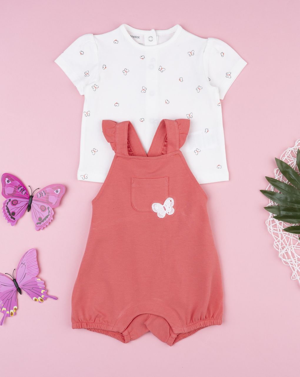 Completo salopette bimba rosso farfalle