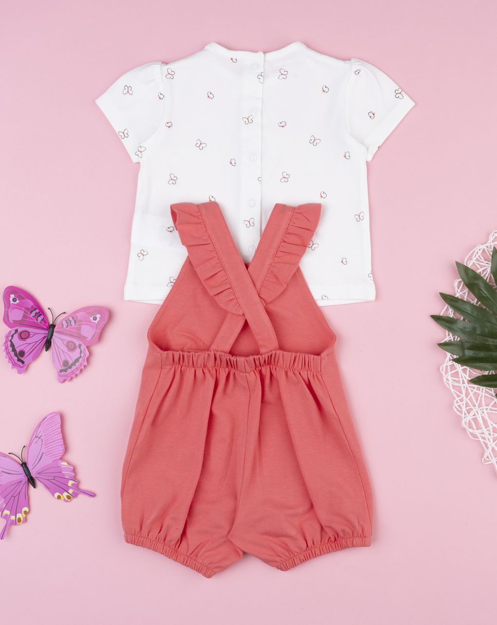 Completo salopette bimba rosso farfalle