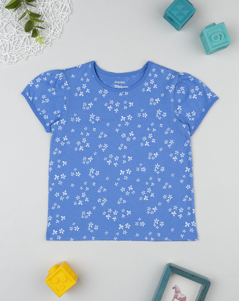 T-shirt maniche corte bambina blu fiori allover