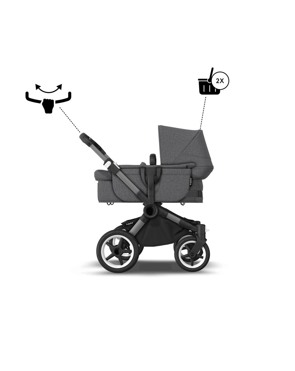 Duo donkey 5 mono navicella e passeggino telaio graphite, tessuti e cappottina grey melange - bugaboo
