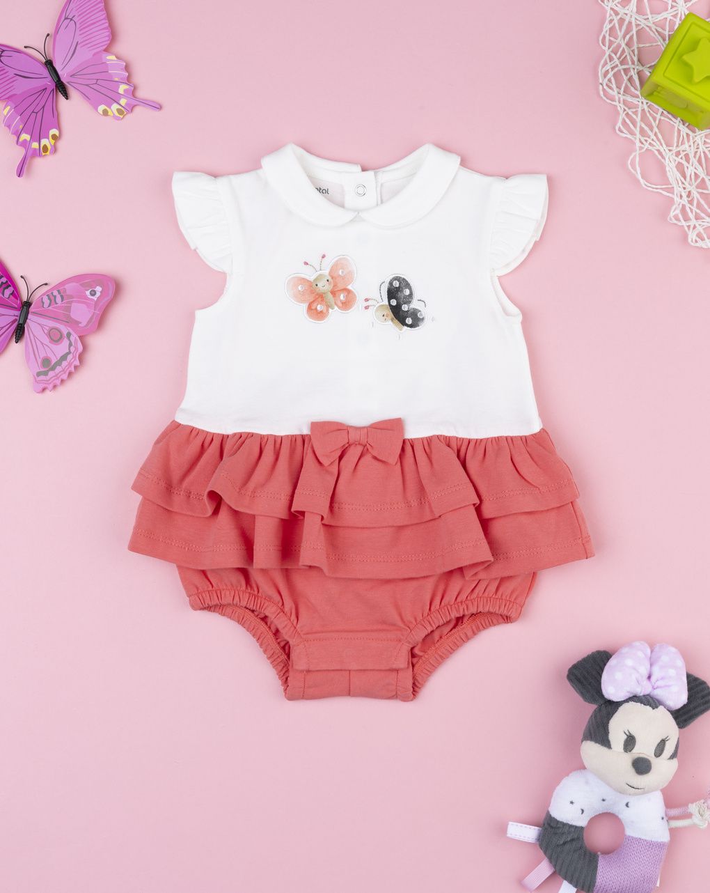 Pagliaccetto bimba bianco/corallo farfalle