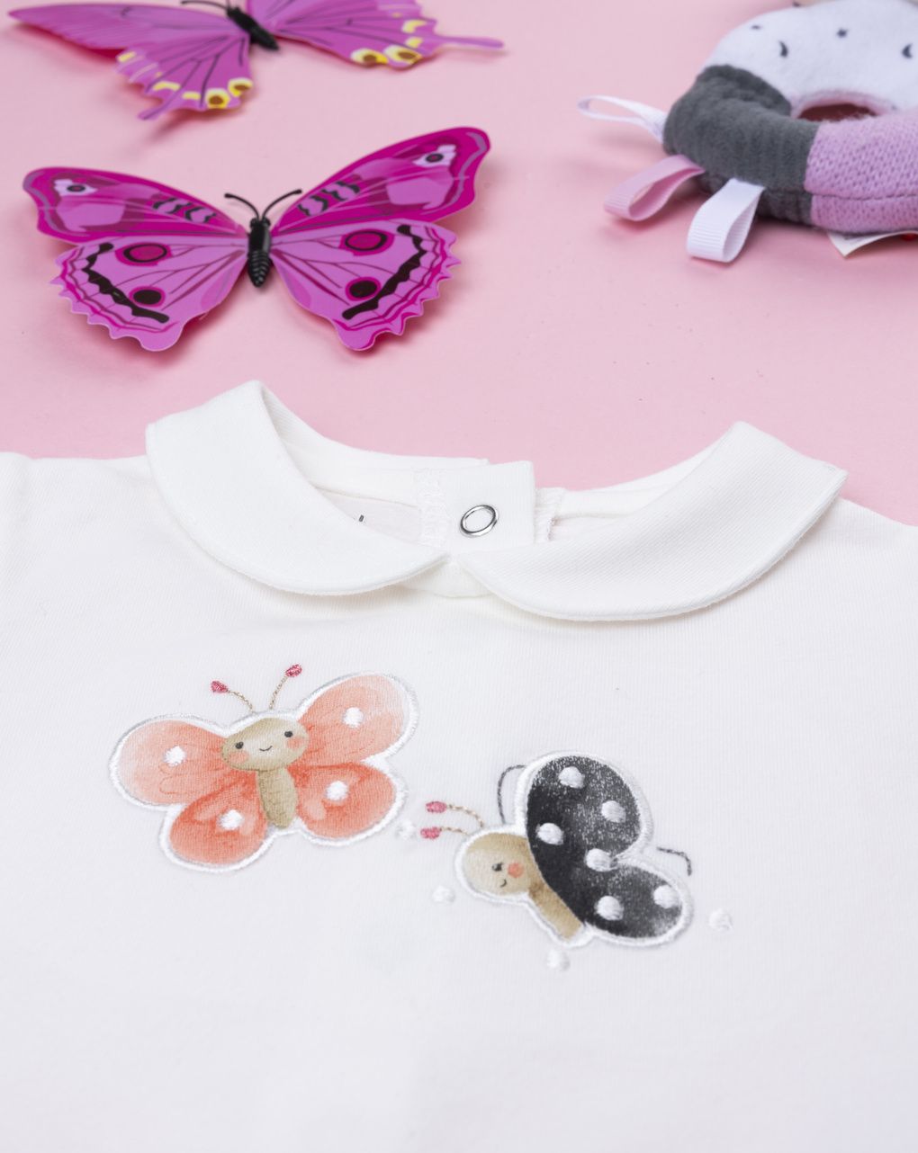 Pagliaccetto bimba bianco/corallo farfalle
