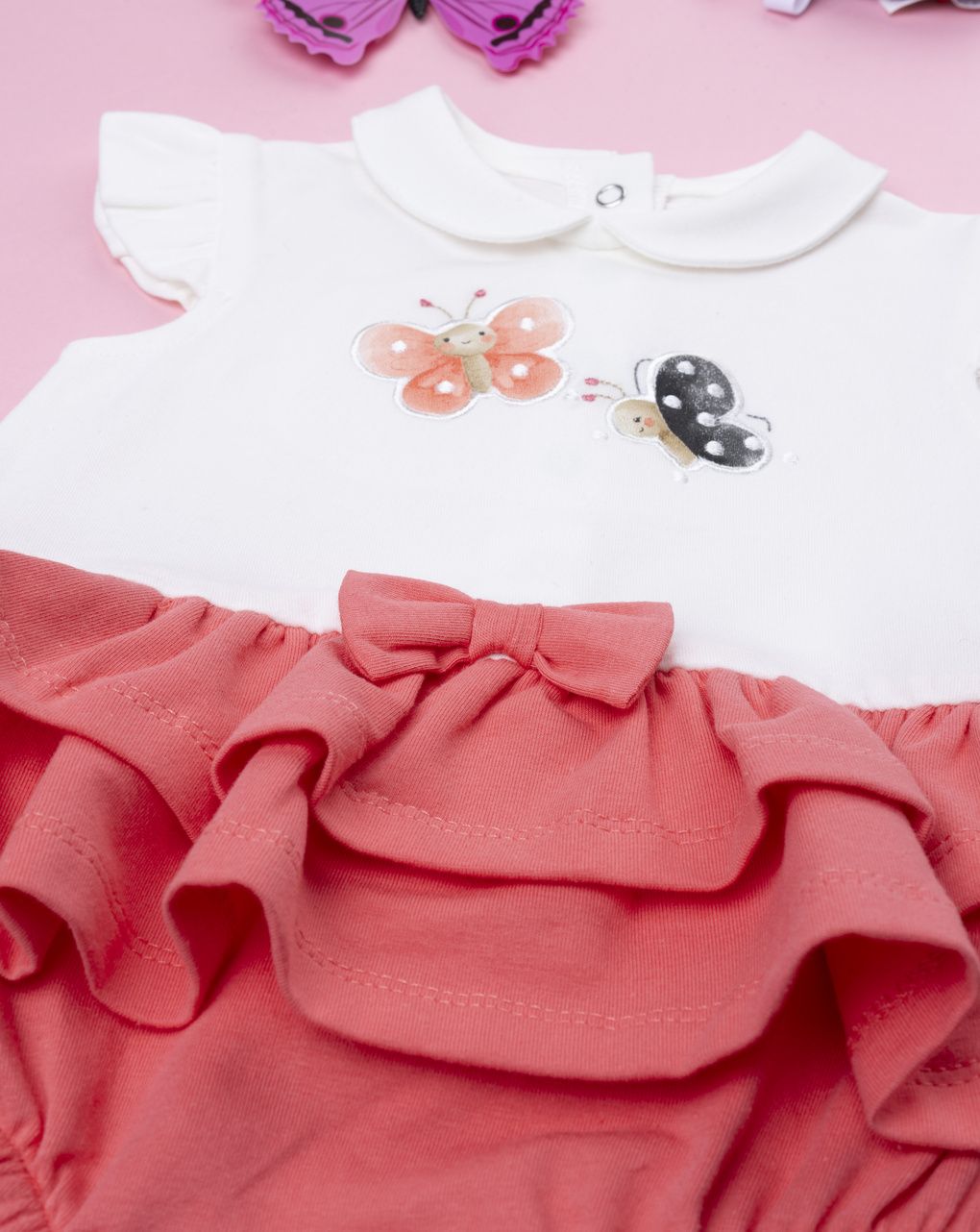 Pagliaccetto bimba bianco/corallo farfalle