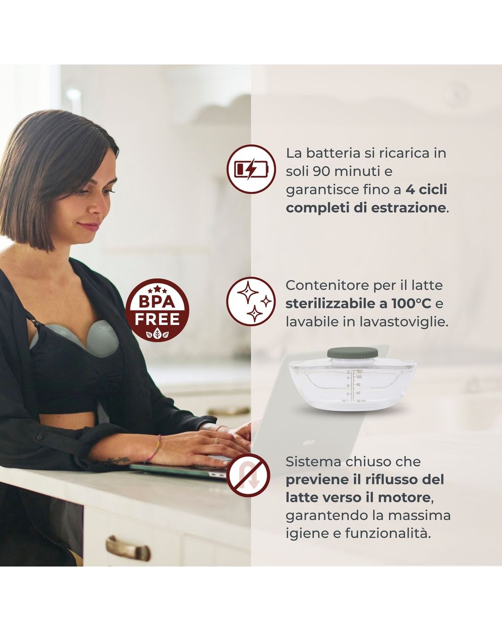 Tiralatte elettrico indossabile singolo materno flow a 3 fasi - 1264w - nuvita