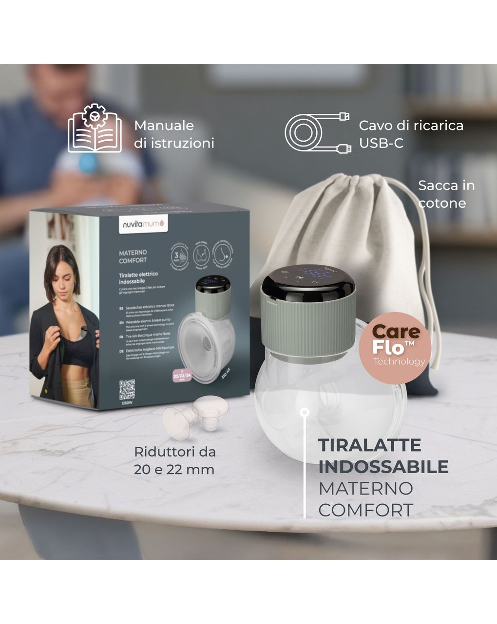 Tiralatte elettrico indossabile singolo materno comfort a 3 fasi - 1260w - nuvita