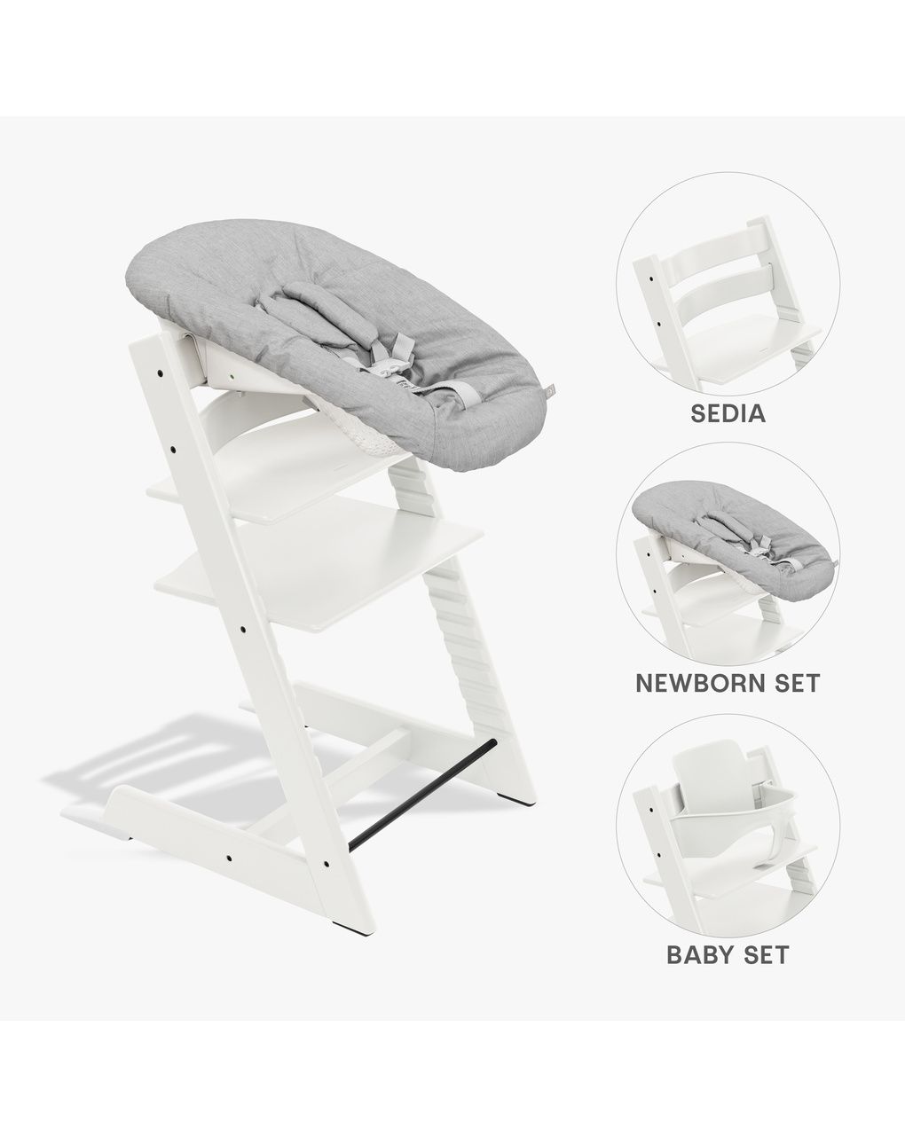 Pack seggiolone tripp trapp® bianco  sedia + babyset + newborn set grigio - personalizzabile - stokke®