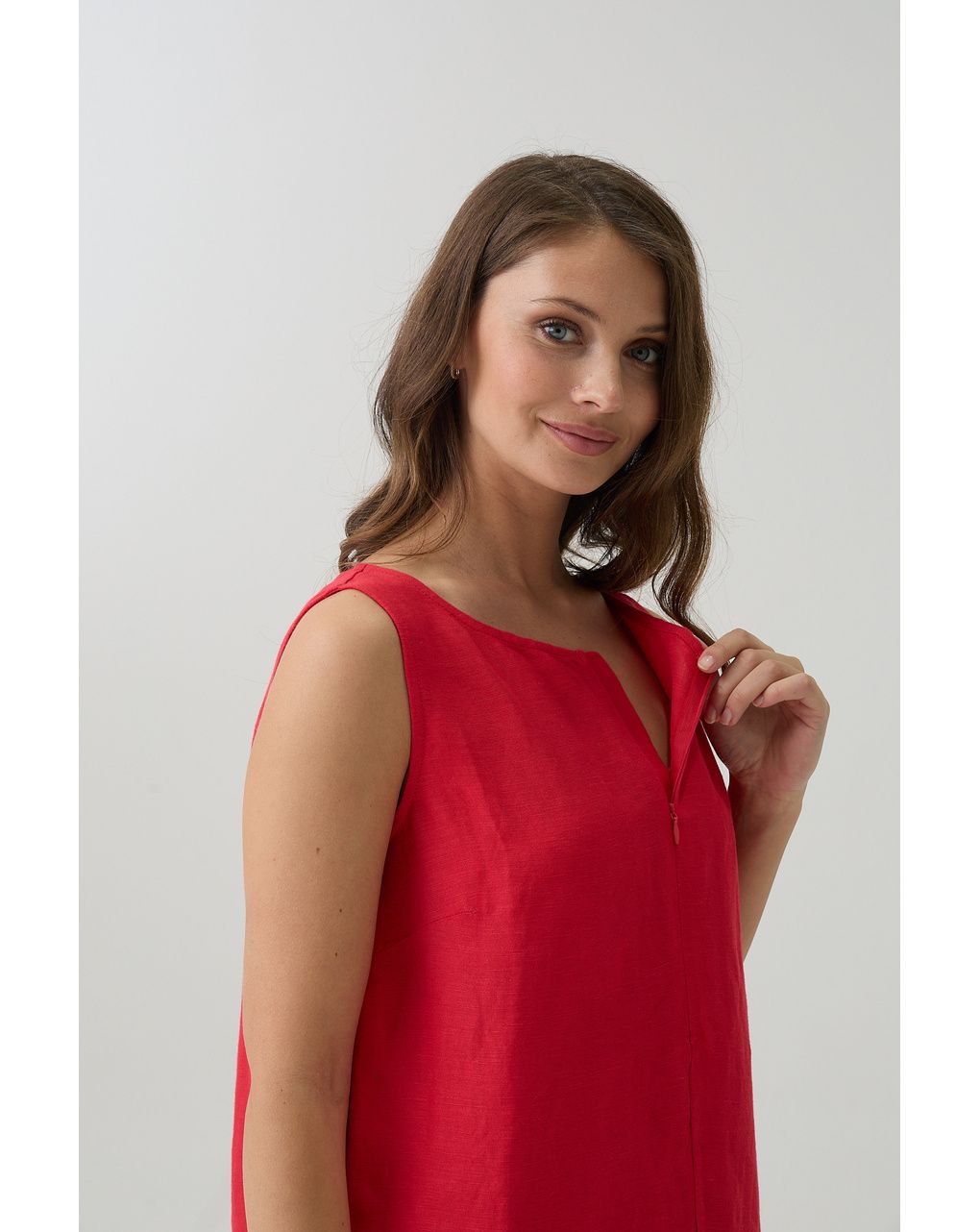 Abito smanicato lino rosso premaman