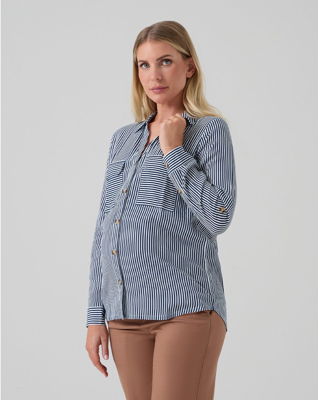 Camicia premaman righe bianche blu con tasche
