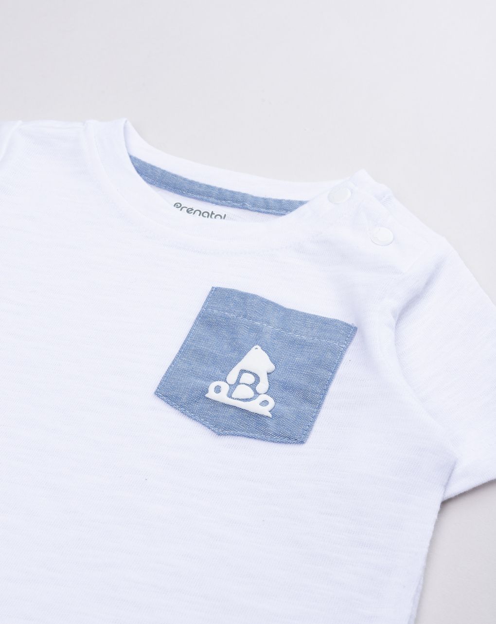 T-shirt bimbo bianca con taschino denim