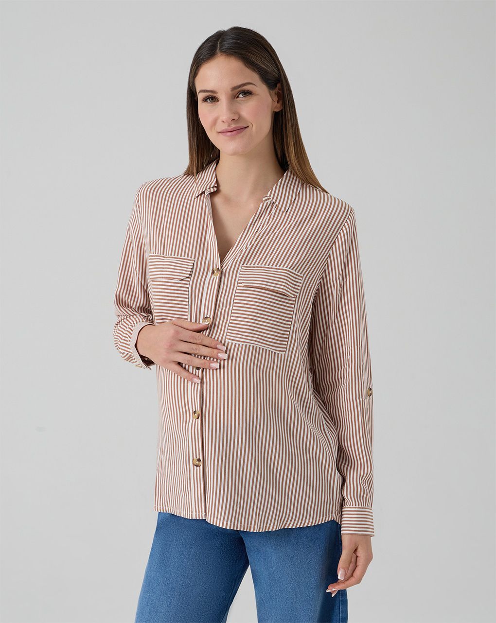 Camicia premaman righe bianche marroni con tasche