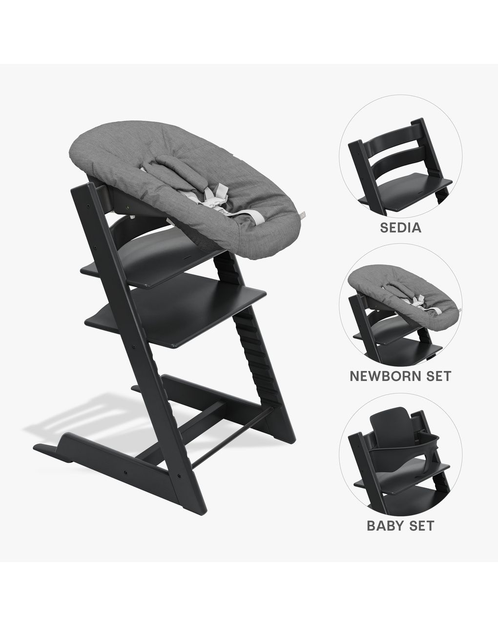 Pack seggiolone tripp trapp® nero sedia + babyset + newborn set antracite - personalizzabile - stokke®