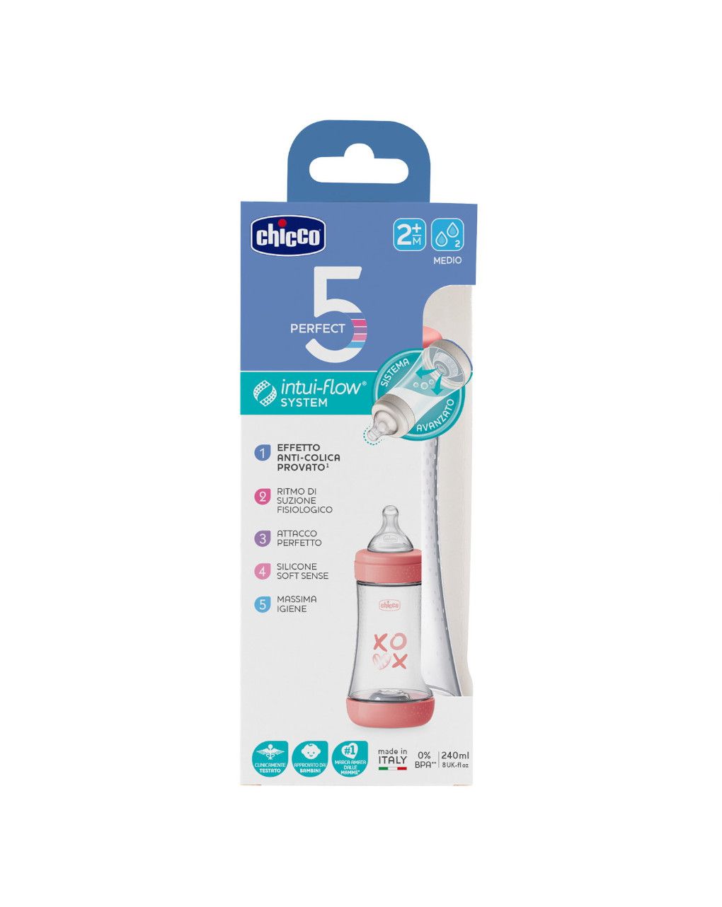 Biberon perfect5 rosa 240ml in silicone 2 fori - chicco