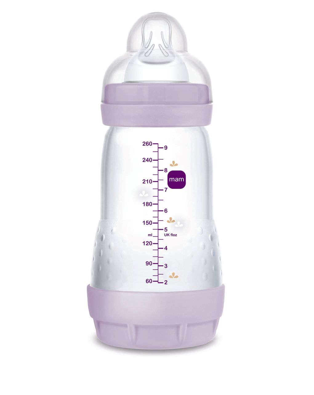 Mam biberon easy start 260 ml (set da 2), kit da 2 biberon anticolica per allattamento misto, lilla, 2+ mesi