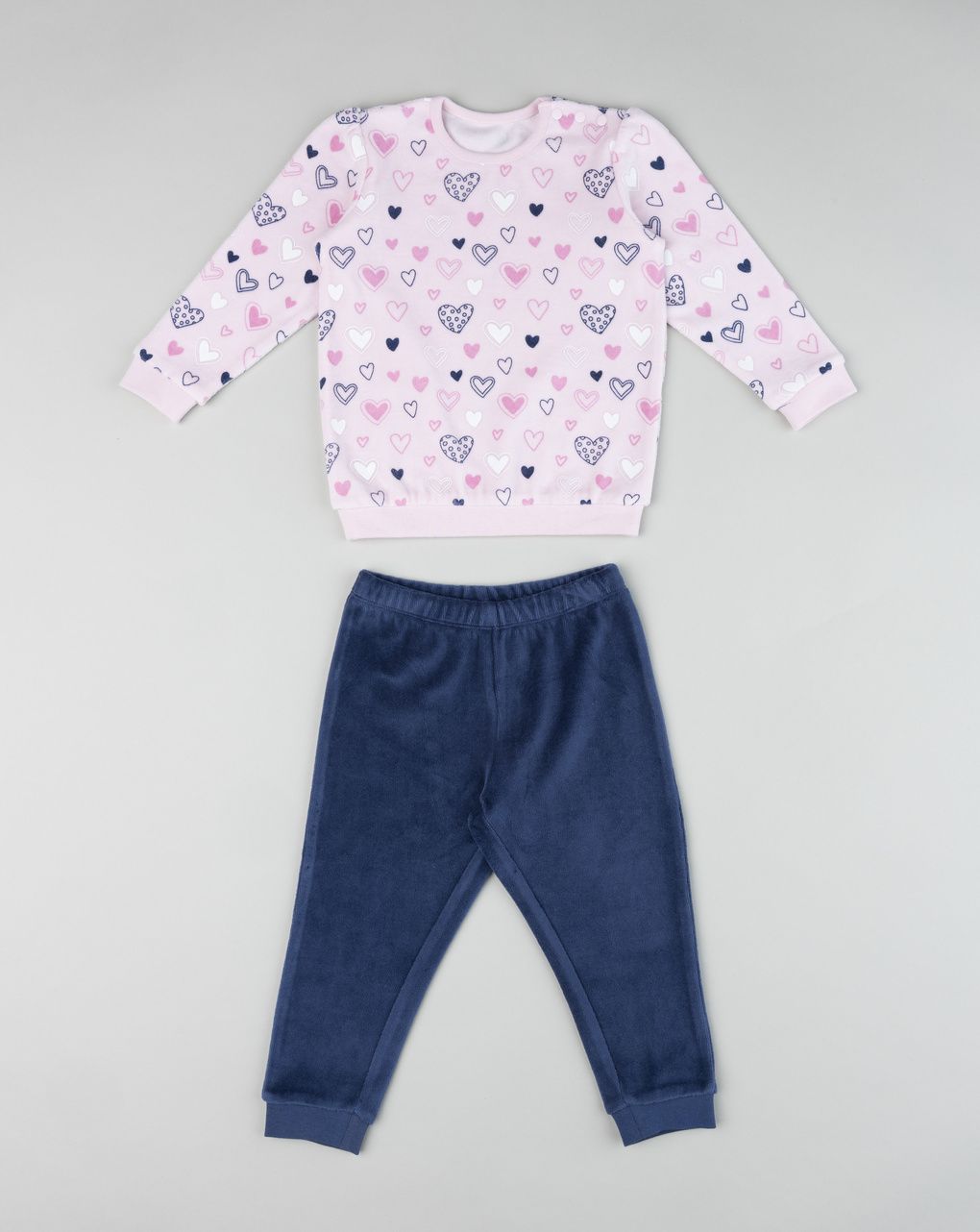 Pigiama ciniglia lungo due pezzi bimba rosa/blu "cuori"