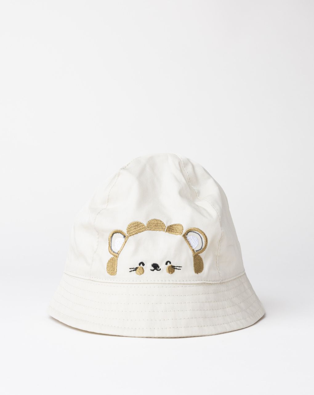 Cappello bucket neonato beige con ricamo leone