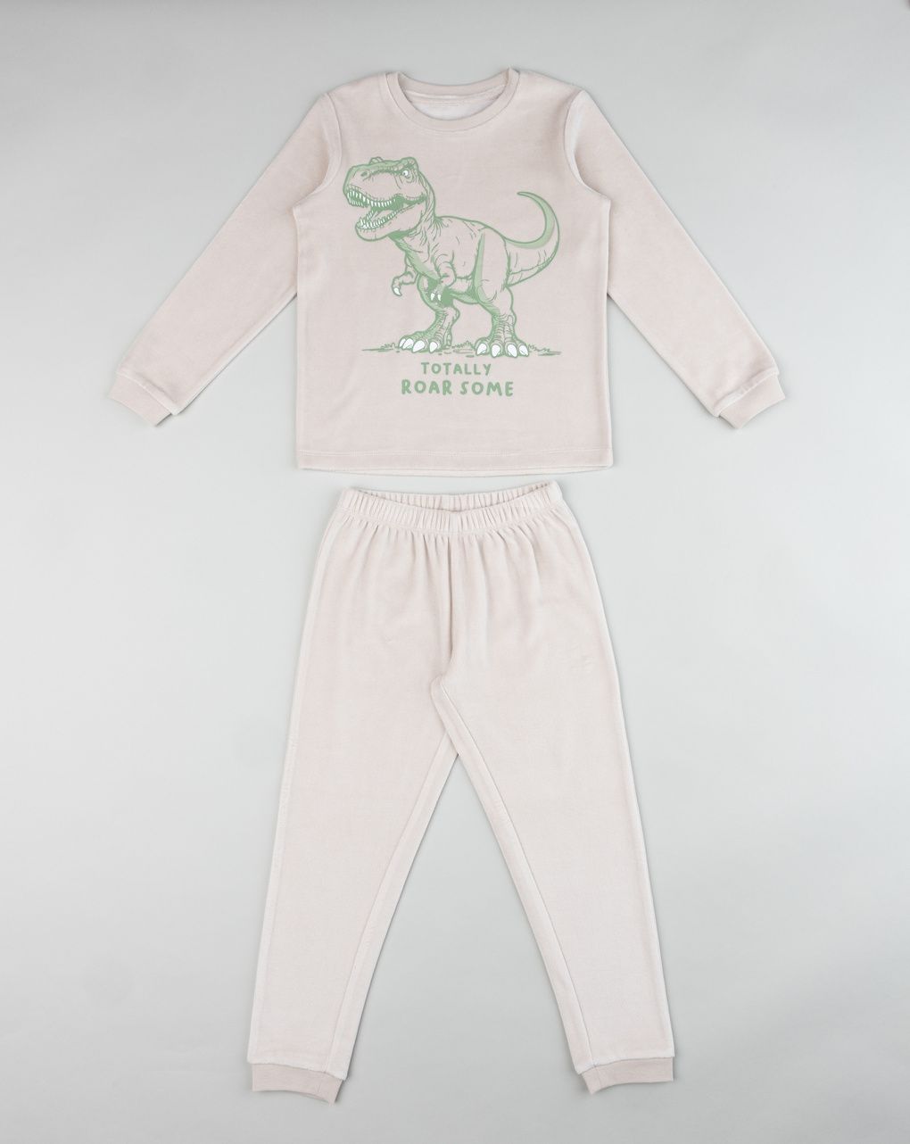 Pigiama ciniglia lungo due pezzi bimbo beige "dino"