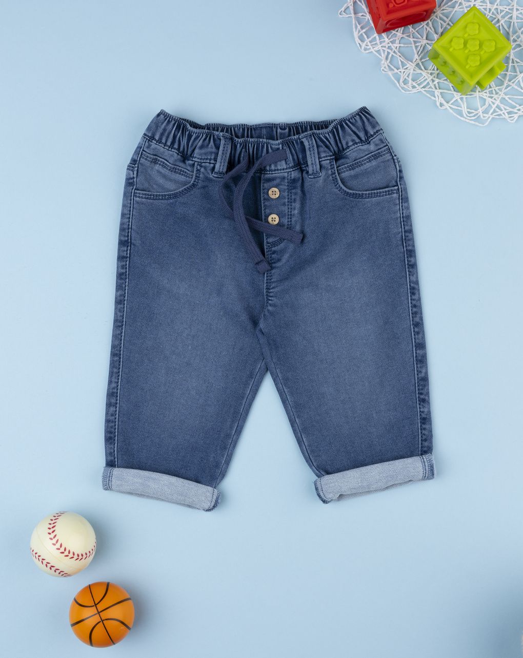 Pantalone denim bimbo con risvoltino e vita elasticizzata