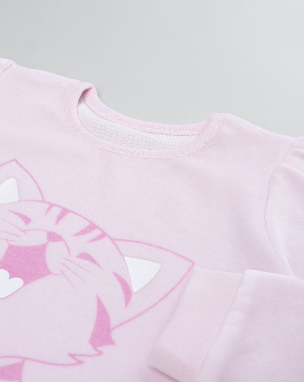 Pigiama ciniglia lungo due pezzi bimba rosa "gattino"
