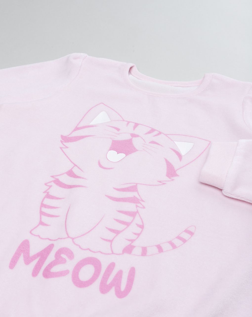 Pigiama ciniglia lungo due pezzi bimba rosa "gattino"