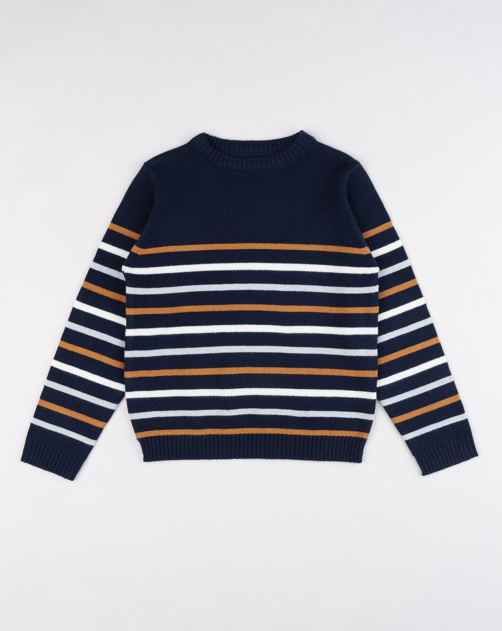 Maglia tricot bambino blu con righe multicolor