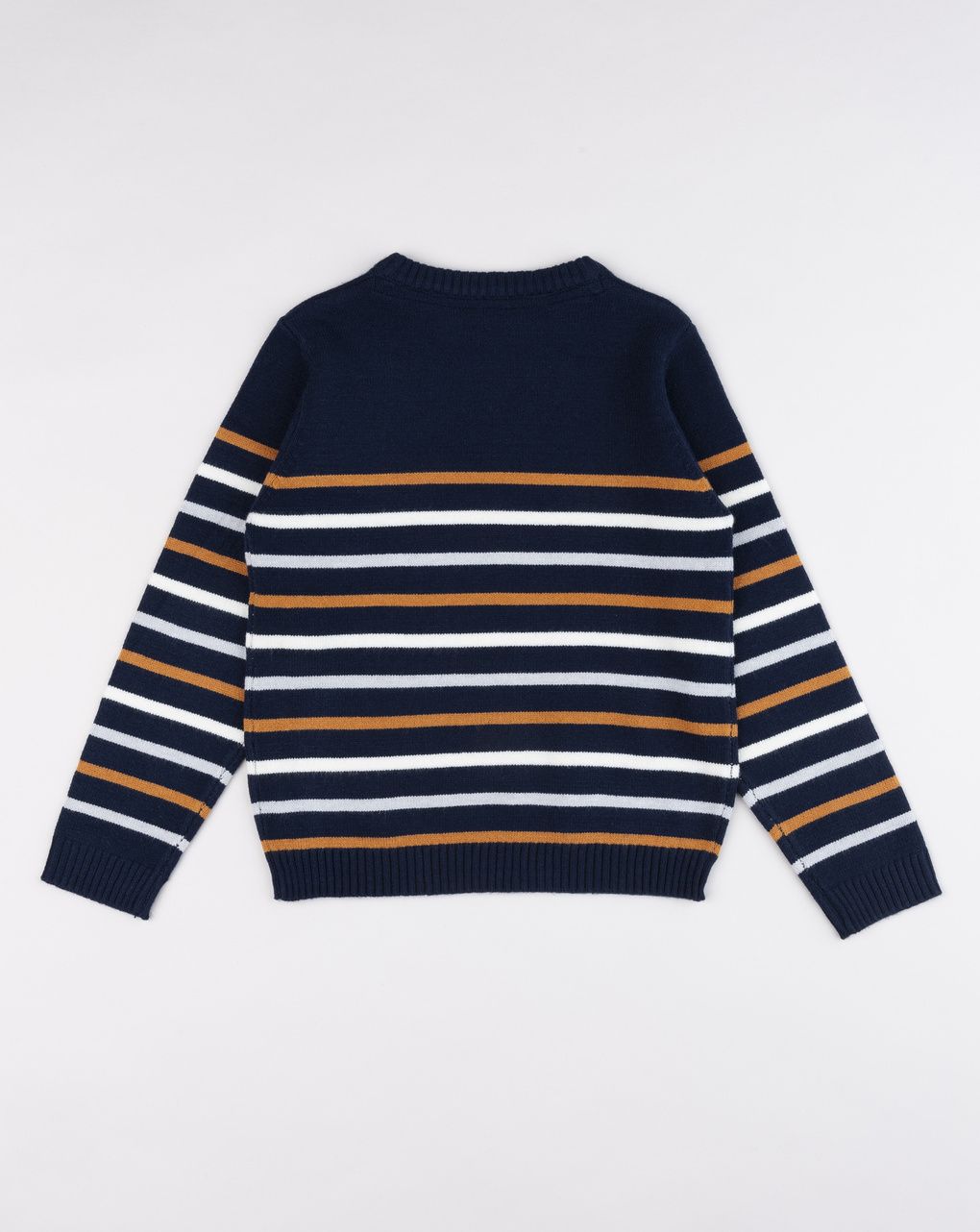 Maglia tricot bambino blu con righe multicolor