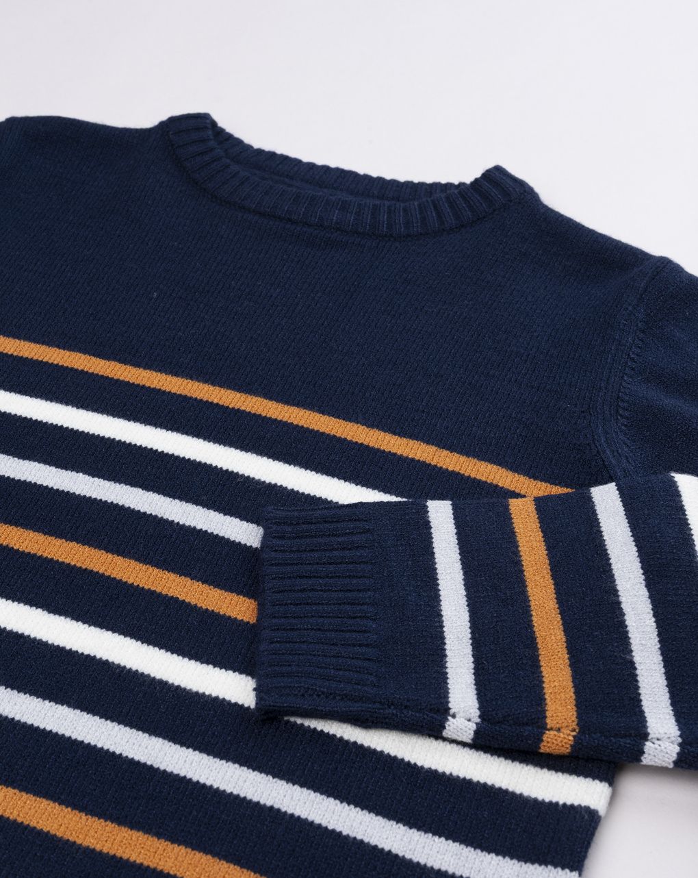 Maglia tricot bambino blu con righe multicolor