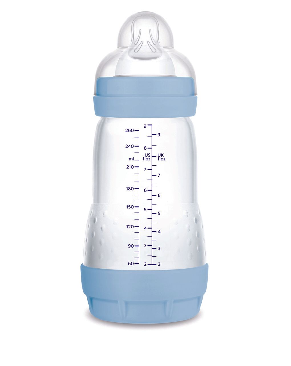 Mam biberon easy start 260 ml (set da 2), kit da 2 biberon anticolica per allattamento misto, azzurro, 2+ mesi