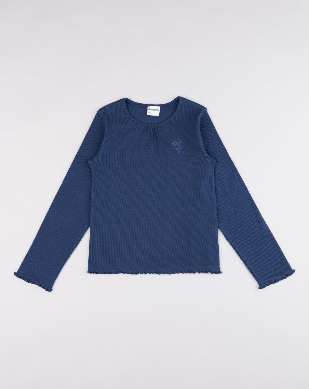 T-shirt bambina a costine blu con ricamo fiocco