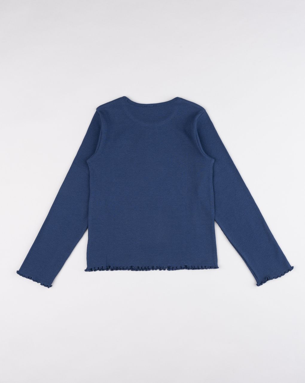 T-shirt bambina a costine blu con ricamo fiocco