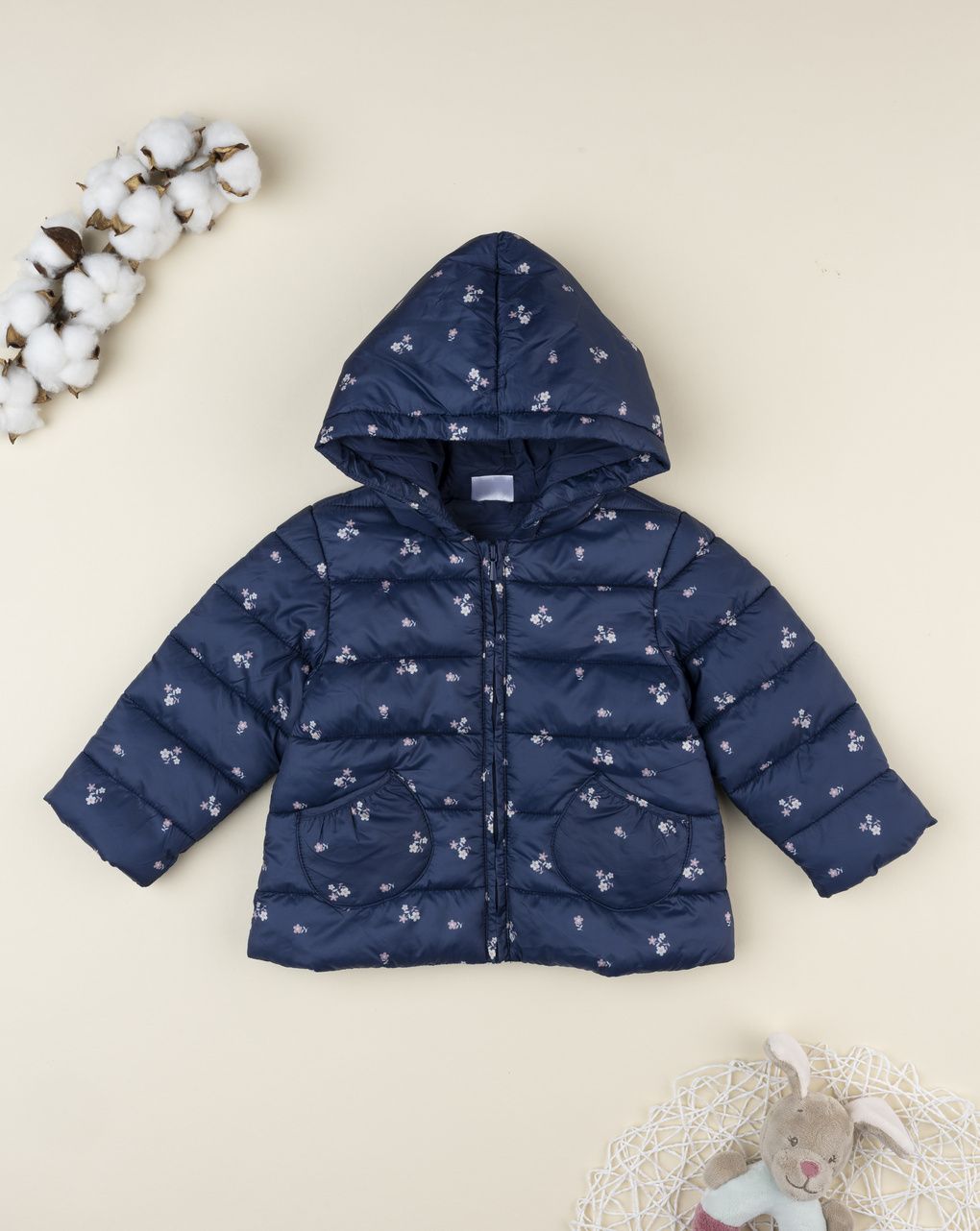 Giacca bimba blu con cappuccio e fiorellini allover