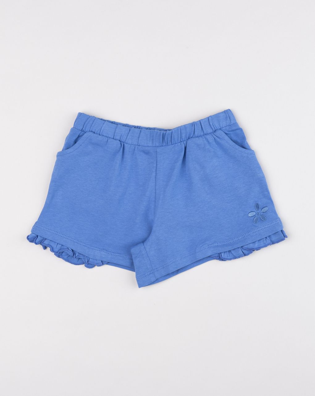 Shorts bimba blu con balza e ricamo