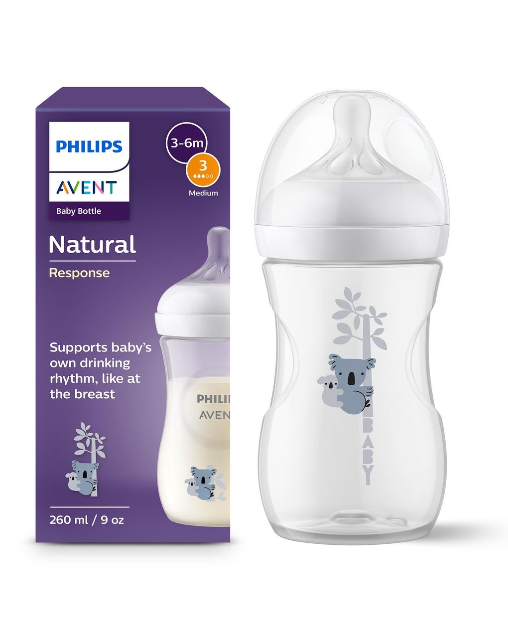 Biberon natural con tettarella a risposta naturale decorazione koala da 260ml 3-6m flusso 3 | senza bpa – philips avent
