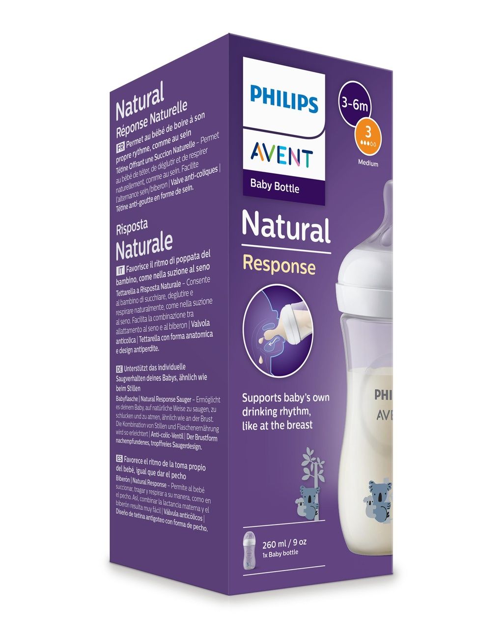 Biberon natural con tettarella a risposta naturale decorazione koala da 260ml 3-6m flusso 3 | senza bpa – philips avent