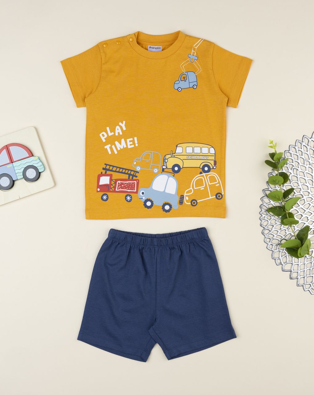 Pigiama due pezzi bimbo arancio/blu macchine