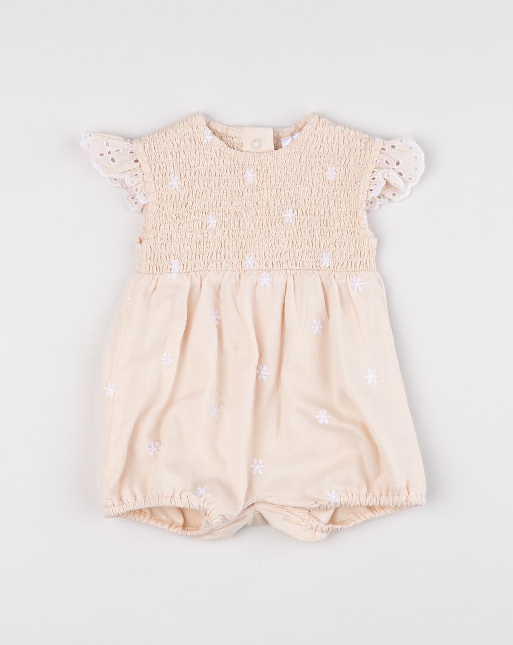 Pagliaccetto pesca per neonata con ricami e sangallo